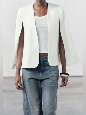 Zara White Cape-Sleeve Blazer Jacket